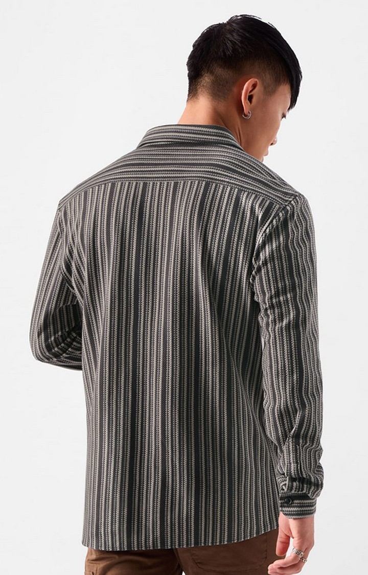 Men's Grey & White Striped Casual Shirt