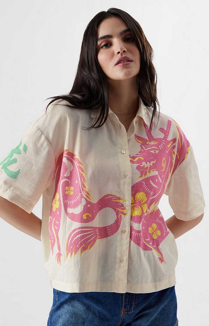 The Souled Store | Women's TSS Originals: Oriental Off White Printed Oversized Shirt