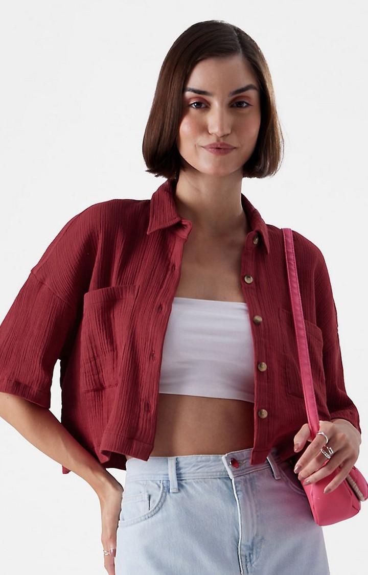 Women's Red Textured Crop Shirt