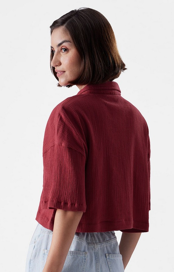 Women's Red Textured Crop Shirt