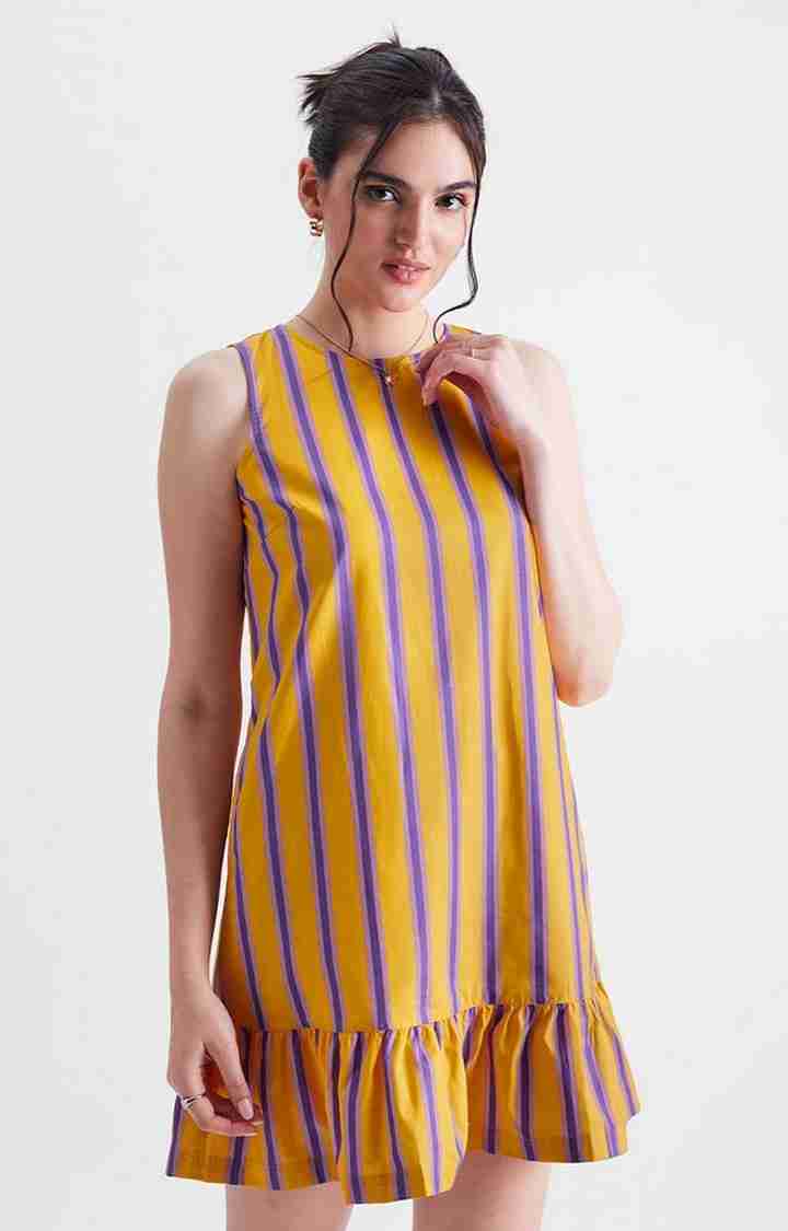 The Souled Store | Women's Yellow Striped Tiered Dress