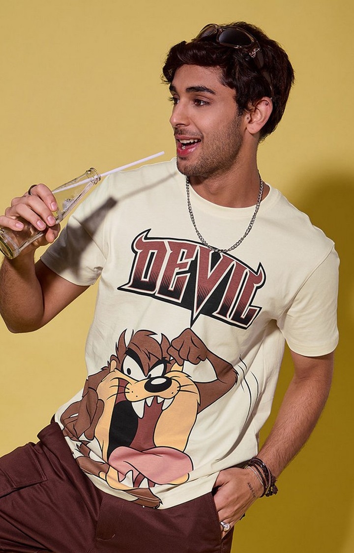 Men's Looney Tunes: Taz Devil Off White Graphic Printed Regular T-Shirt