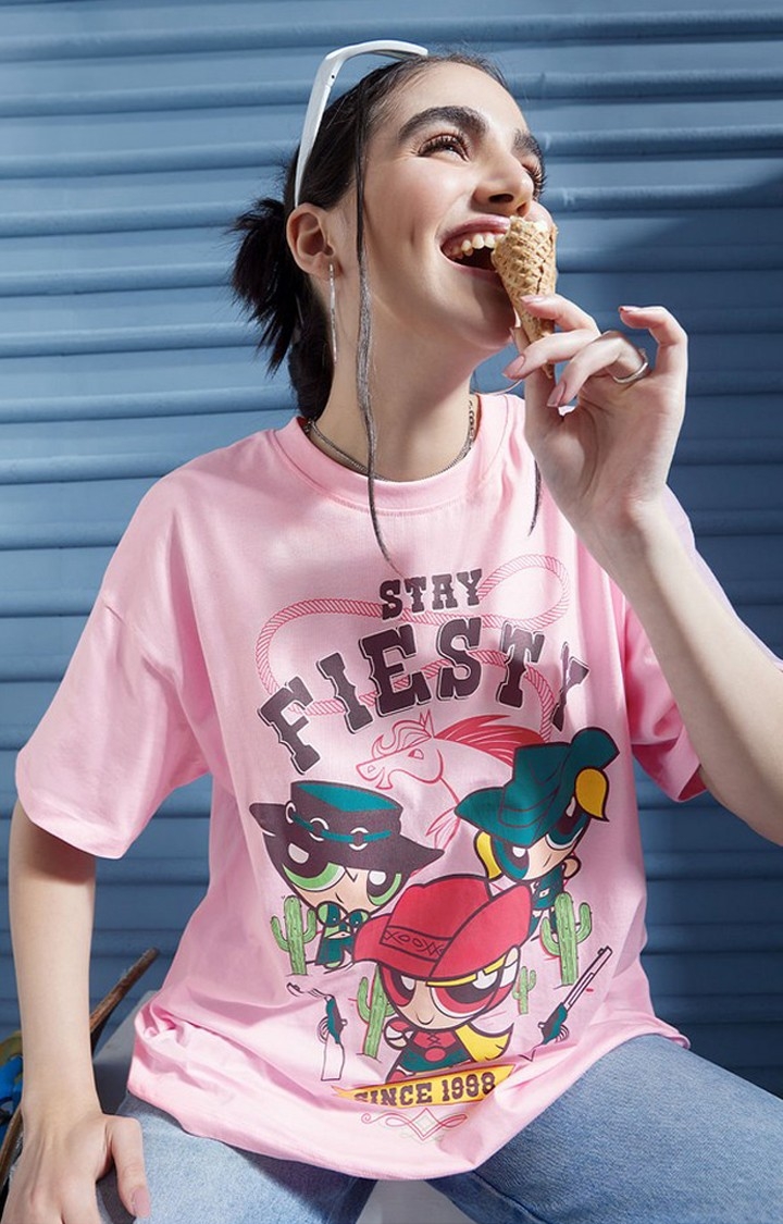The Souled Store | Women's Powerpuff Girls: Stay Fiesty Pink Printed Oversized T-Shirt