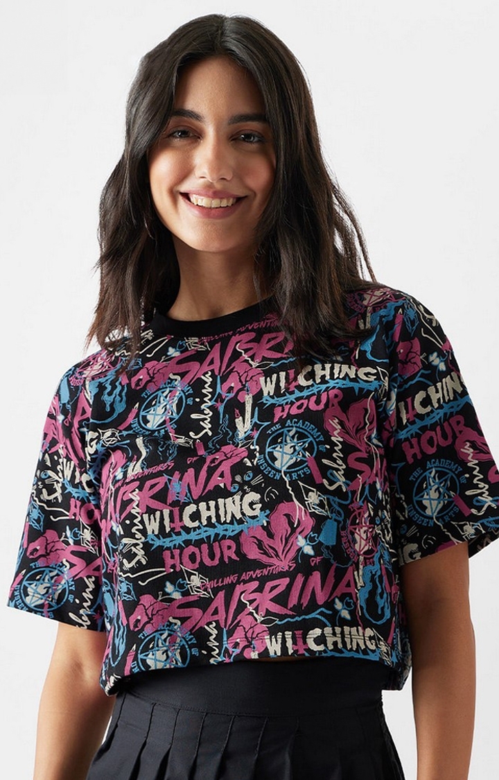 The Souled Store | Women's Sabrina: Doodle Pattern Women's Oversized Cropped T-Shirt
