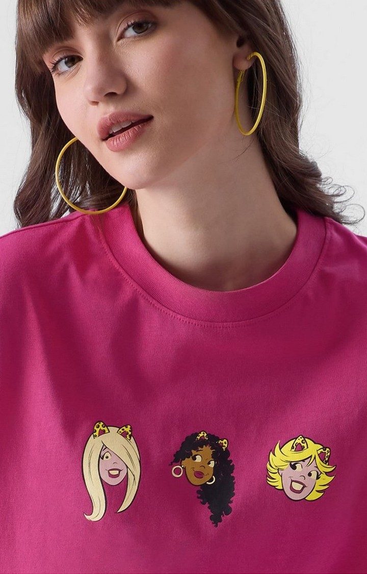 Women's Archie: Josie Band Pink Printed Oversized T-Shirt