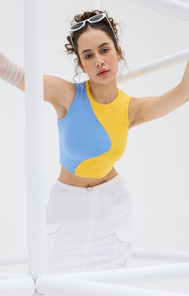 Women's Blue & Yellow Colourblock Tank Top