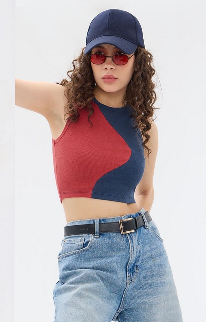 Women's Blue & Red Colourblock Tank Top