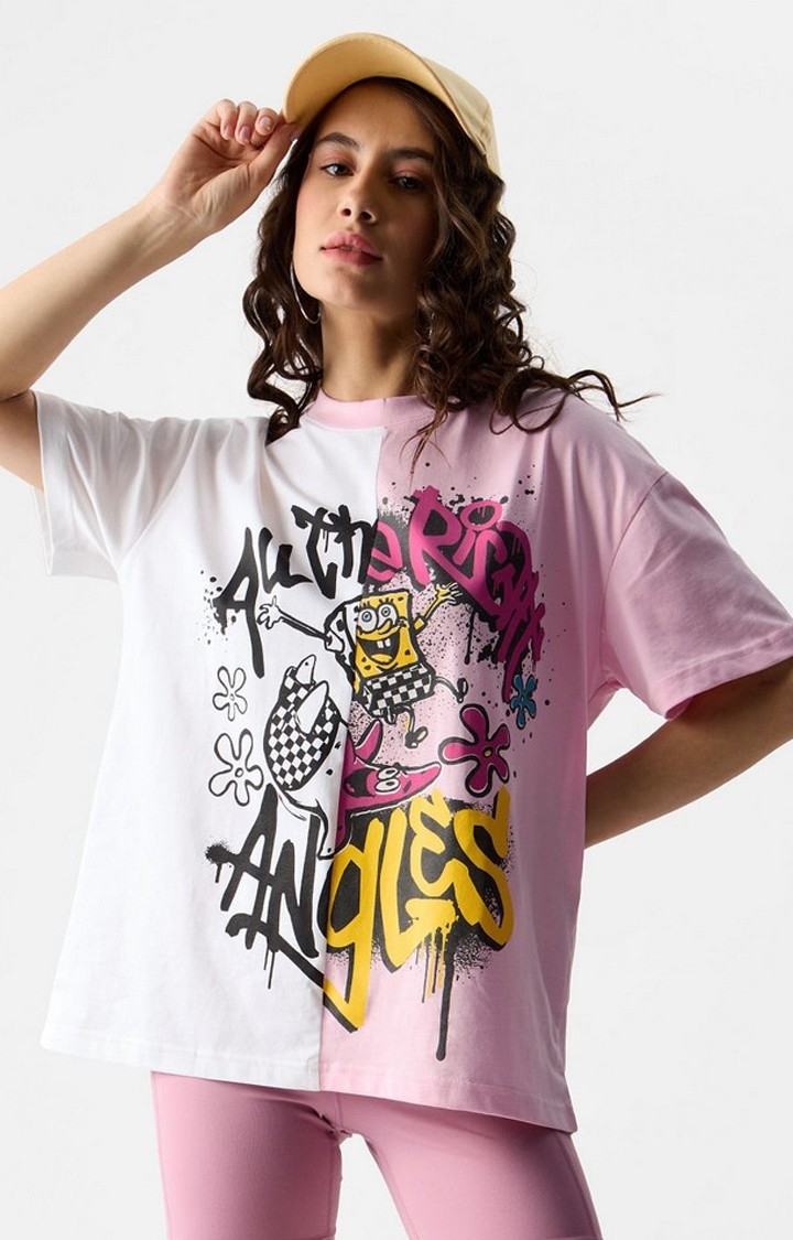 Women's SpongeBob: All The Right Angles White & Pink Printed Oversized T-Shirt