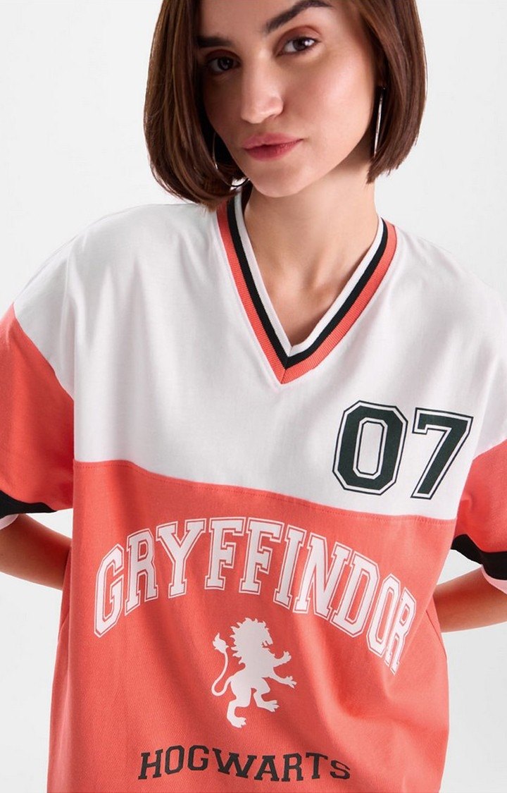 Women's Harry Potter: House Gryffindor Pink & White Oversized T-Shirt
