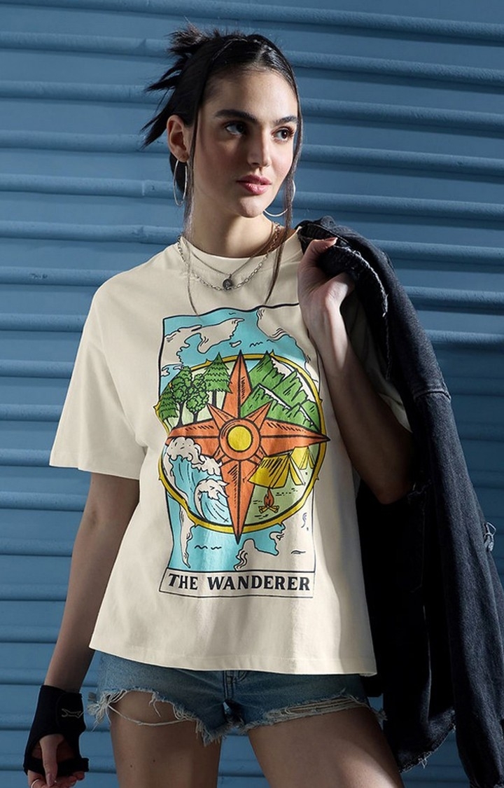 The Souled Store | Women's TSS Originals: The Wanderer Off White Printed Oversized T-Shirt