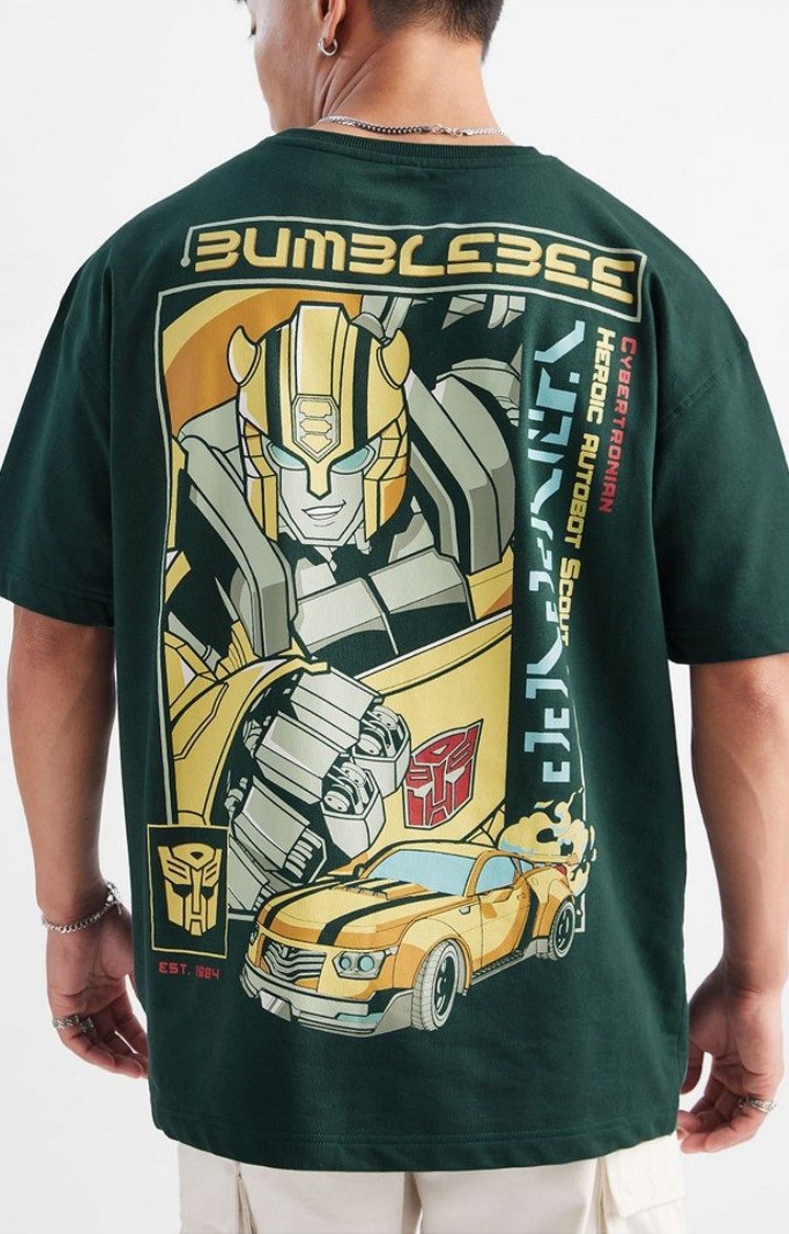 Men's Transformers: Bumblebee Green Printed Oversized T-Shirt