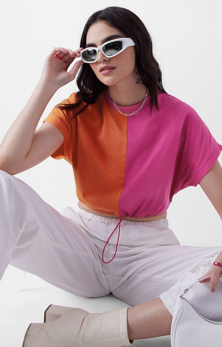 The Souled Store | Women's Solids: Blazing Orange, Hot Pink (Colourblock) Women's Cropped Tops