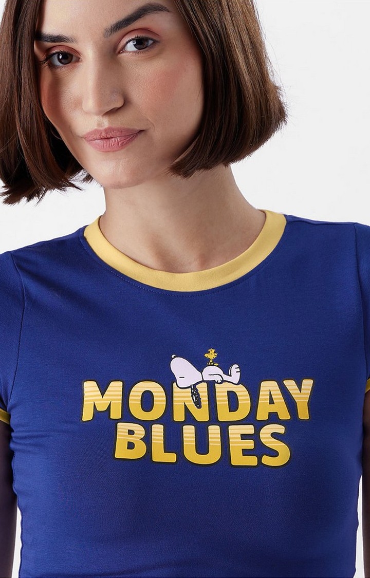 Women's Peanuts: Monday Blues Blue Typographic Printed Crop Top
