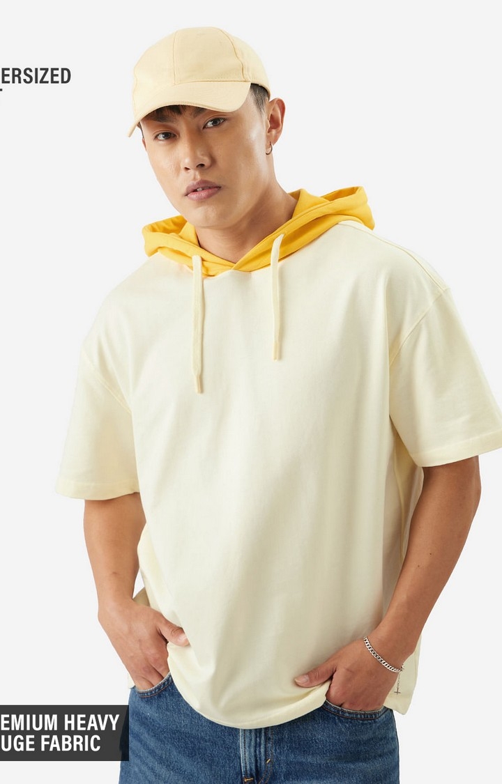 Men's Solids: Off White and Yellow Hooded T-Shirt