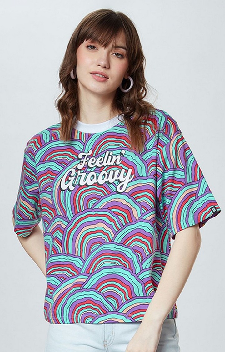 Women's Feelin' Groovy Multicolour Printed Oversized T-Shirt
