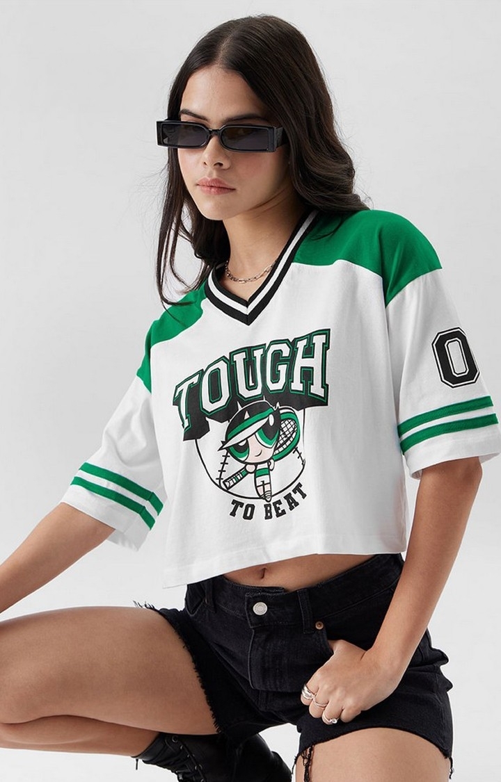 The Souled Store | Women's Powerpuff Girls: Tough To Beat White & Green Printed Crop Top
