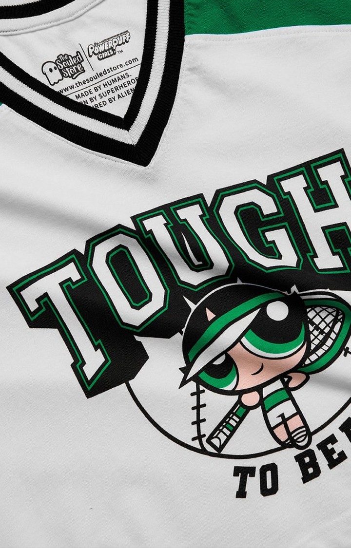 Women's Powerpuff Girls: Tough To Beat White & Green Printed Crop Top