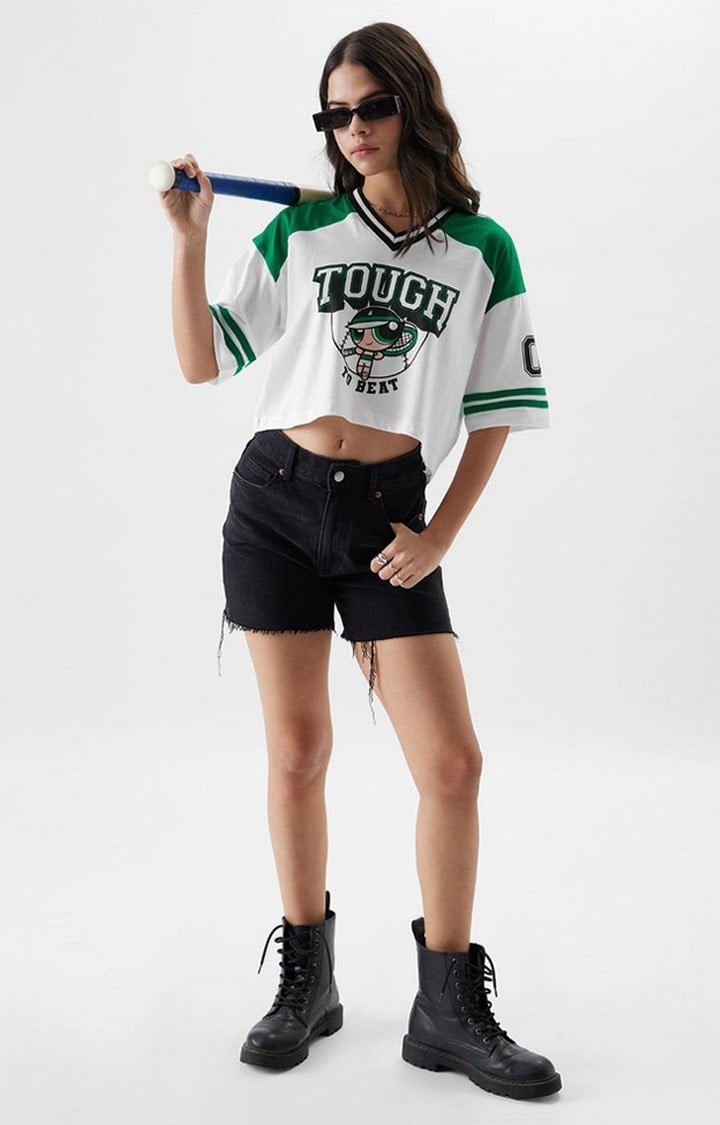 Women's Powerpuff Girls: Tough To Beat White & Green Printed Crop Top