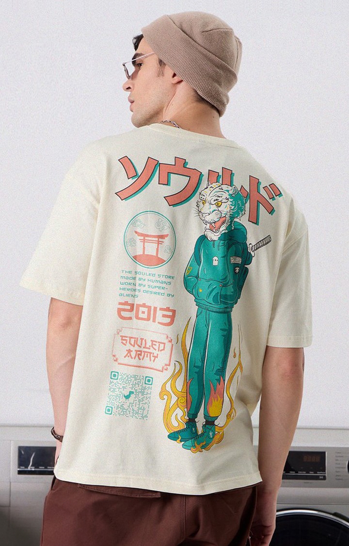 The Souled Store | Men's TSS Originals: Ninja Tiger Off White Printed Oversized T-Shirt