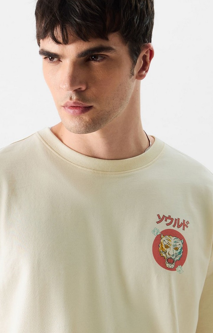 Men's TSS Originals: Ninja Tiger Off White Printed Oversized T-Shirt