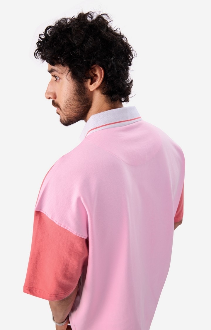 Men's Solids: Watermelon, White and Pink (Colourblock) Oversized Polo T-Shirt