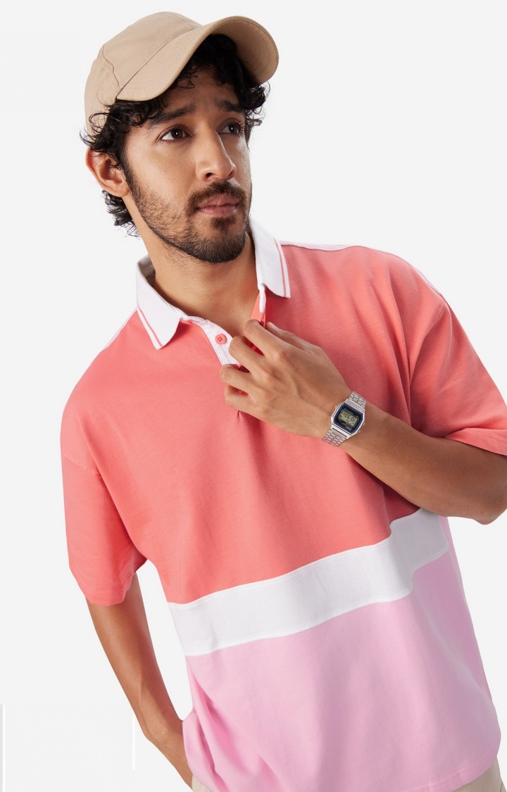 The Souled Store | Men's Solids: Watermelon, White and Pink (Colourblock) Oversized Polo T-Shirt