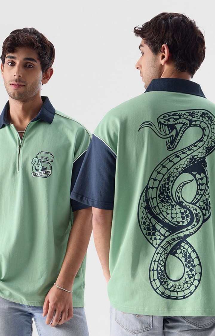 Men's Harry Potter: Slytherin Green & Blue Printed Oversized T-Shirt