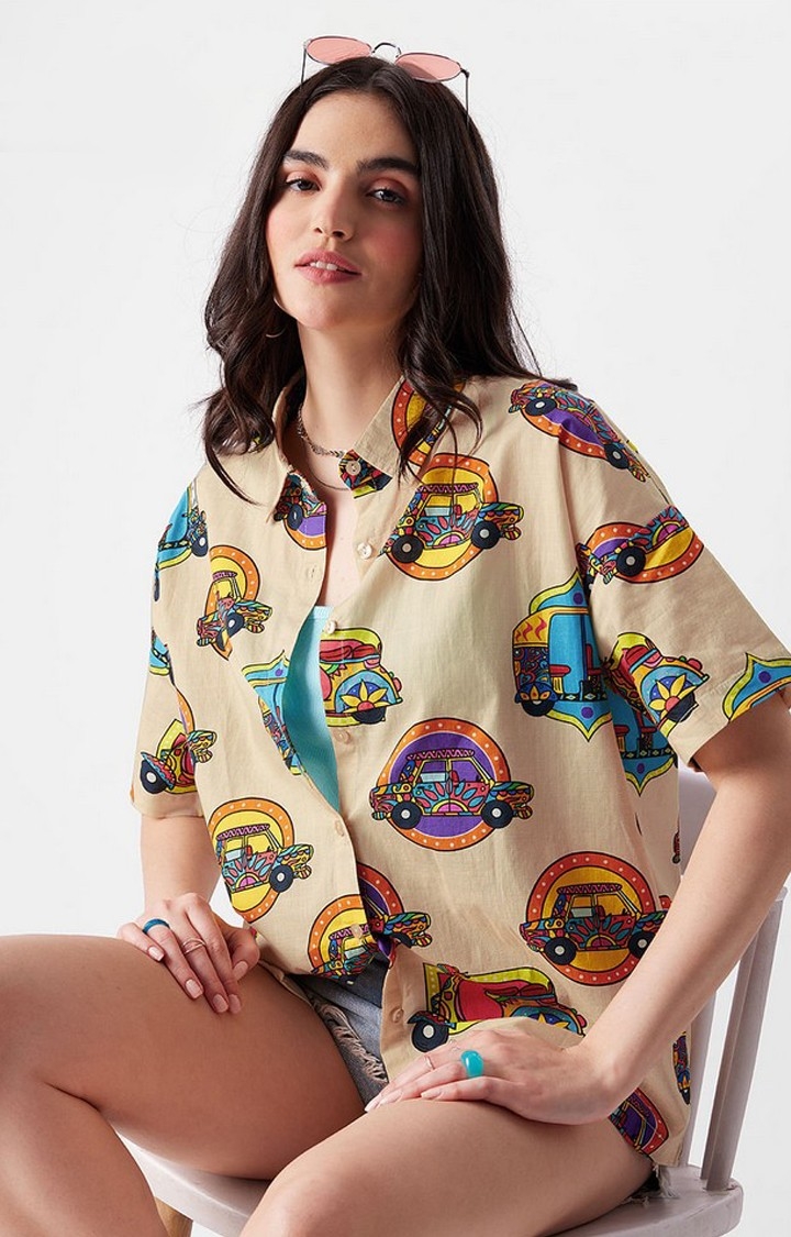 Women's TSS Originals: Desi Paintwork Beige Printed Oversized Shirt