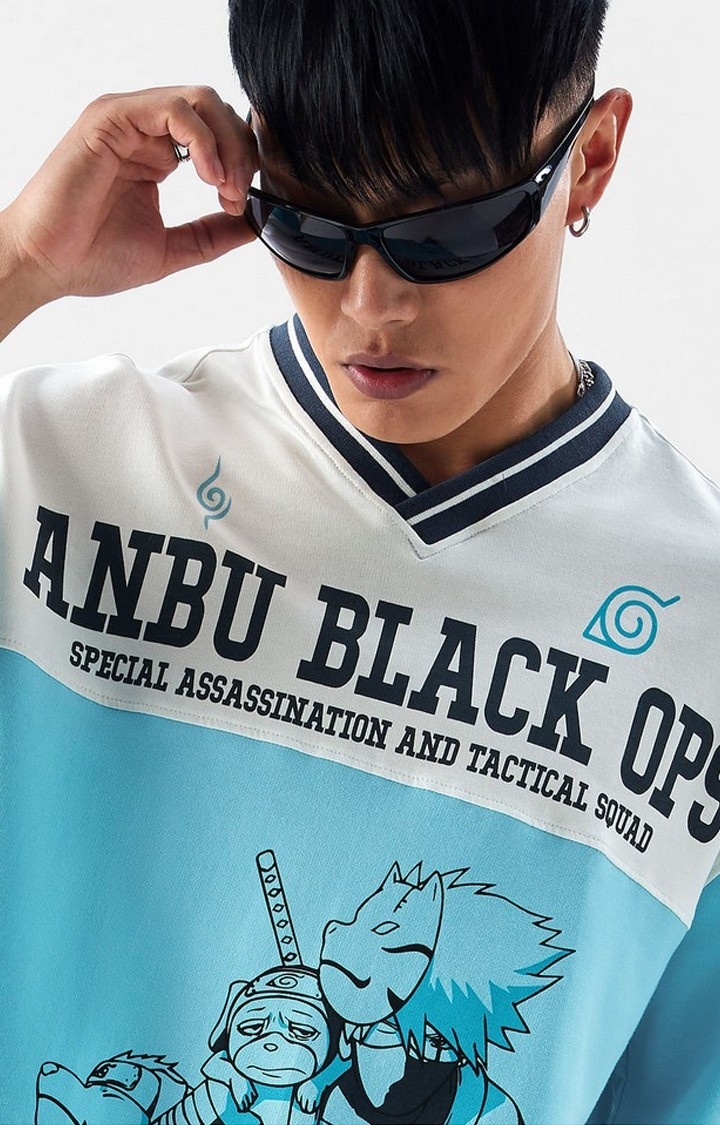 Men's Naruto: Anbu Black Ops Blue & White Printed Oversized T-Shirt