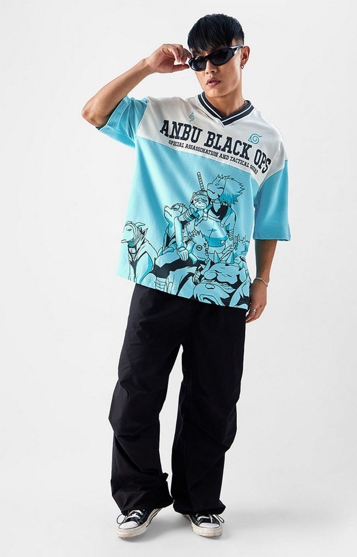 Men's Naruto: Anbu Black Ops Blue & White Printed Oversized T-Shirt