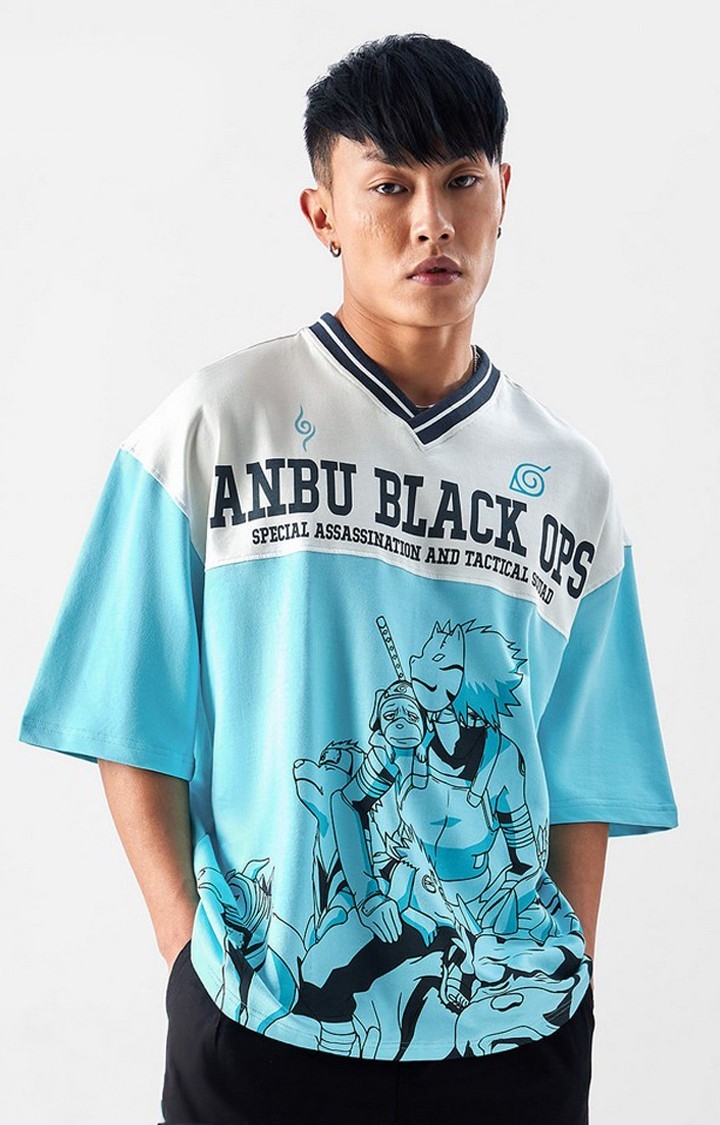 Men's Naruto: Anbu Black Ops Blue & White Printed Oversized T-Shirt