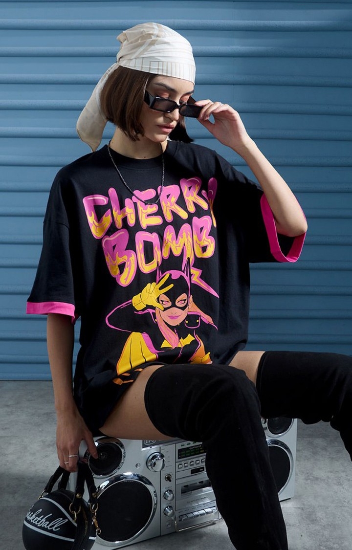 Women's Batgirl: Cherry Bomb Black Printed Oversized T-Shirt