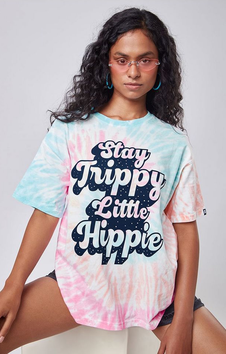 Women's Stay Trippy Multicolour Tie Dye Printed Oversized T-Shirt