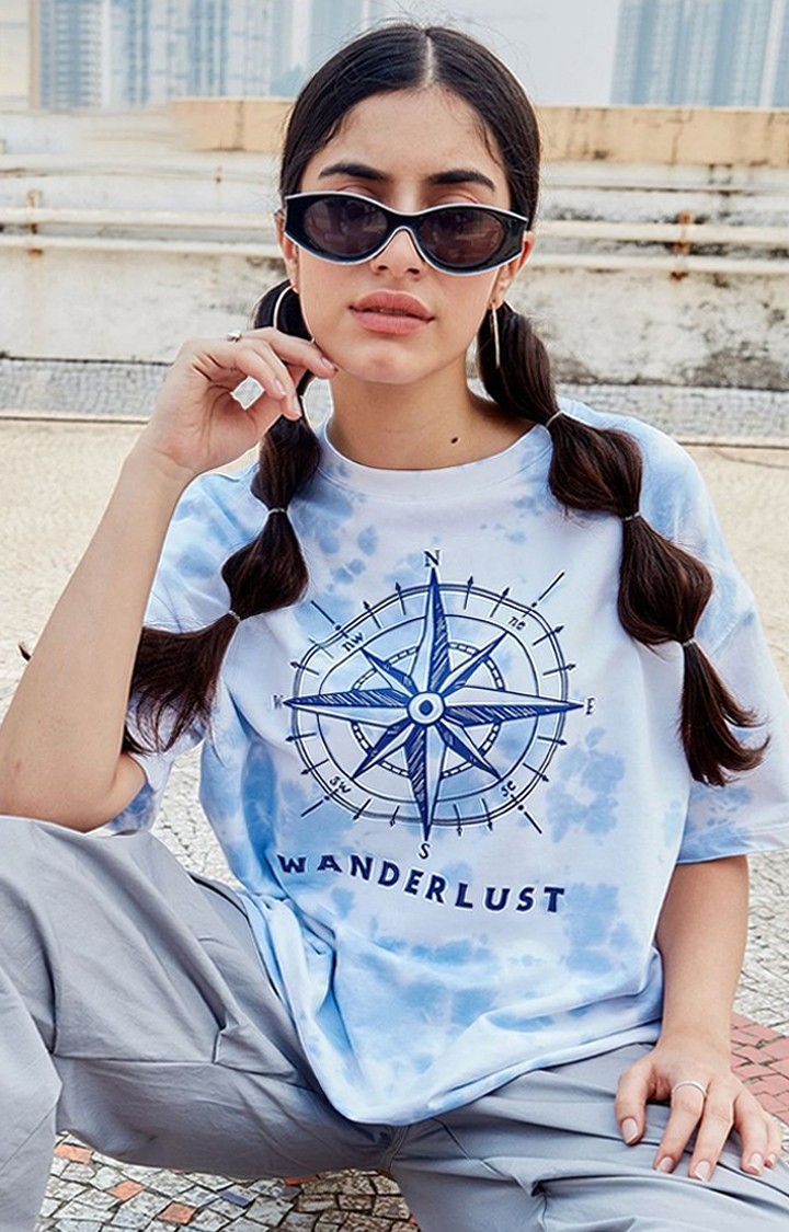 Women's Wanderlusting Blue Printed Oversized T-Shirt