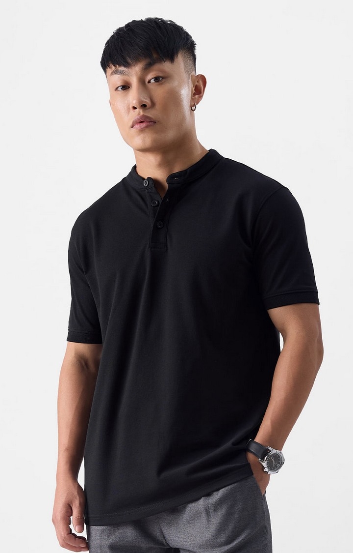 The Souled Store | Men's Solids: Midnight Black Mandarin Polo T-Shirt