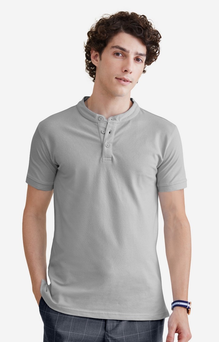 The Souled Store | Men's Solids: Light Grey Mandarin Polo T-Shirt