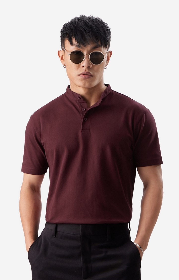 The Souled Store | Men's Solids: Rich Maroon Mandarin Polo T-Shirt