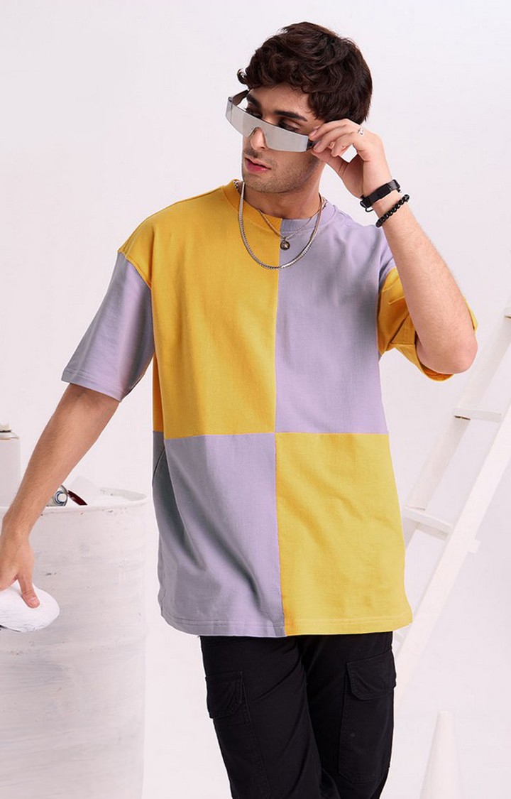 Men's Purple & Yellow Colourblock Oversized T-Shirt