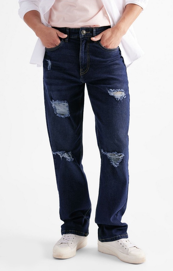 The Souled Store | Men's  Blue Denim Ripped Ripped Jeans