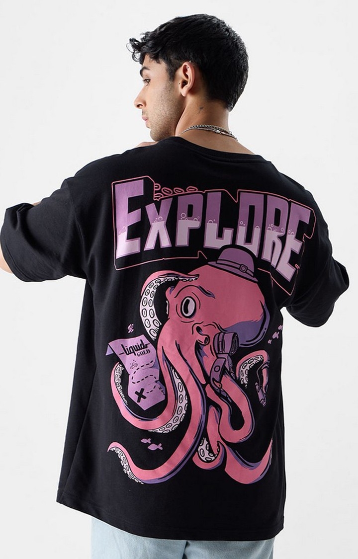 Men's TSS Originals: Wandering Octopus Black Printed Oversized T-Shirt
