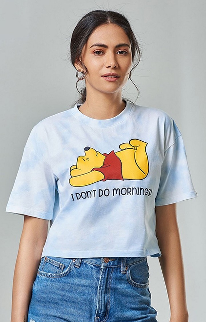 Women's Winnie The Pooh: Don't Do Mornings! Blue Printed Crop Top