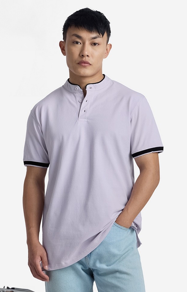 The Souled Store | Men's Solids: Light Lavender Mandarin Polo T-Shirt