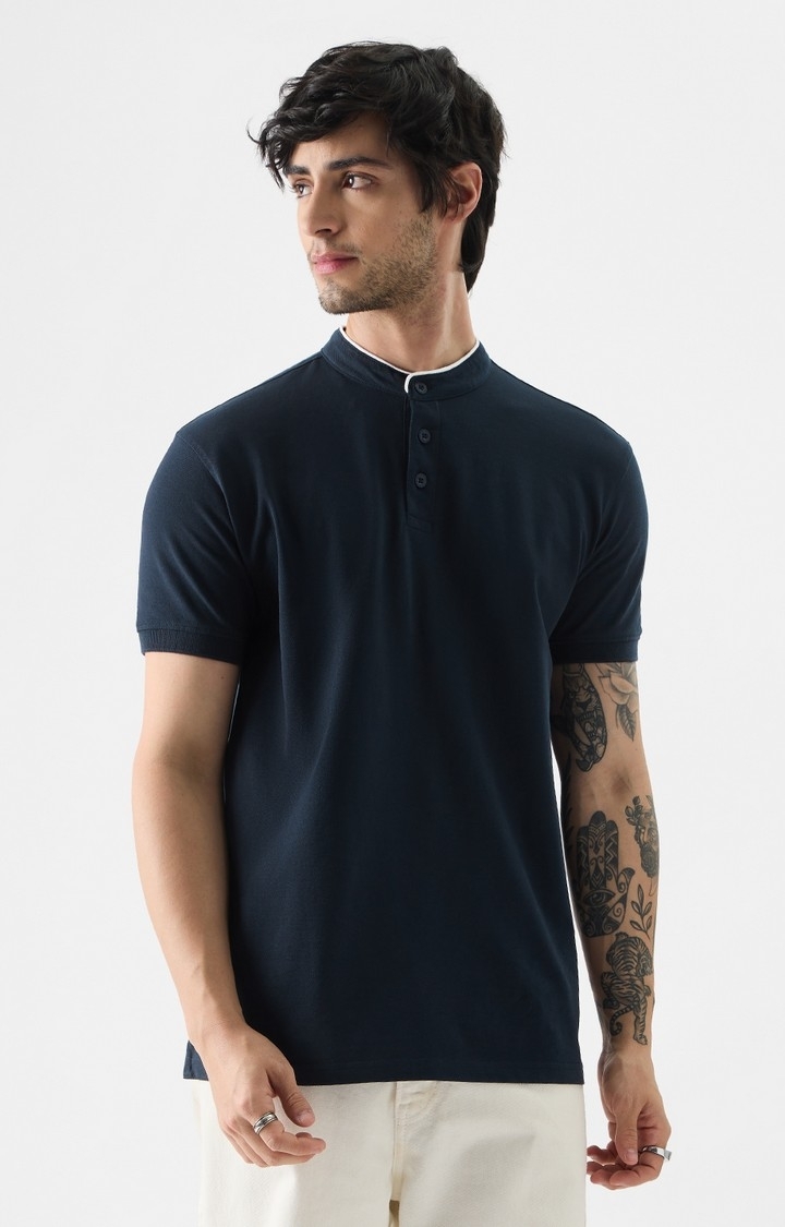 The Souled Store | Men's Solids: Navy Mandarin Polo T-Shirt