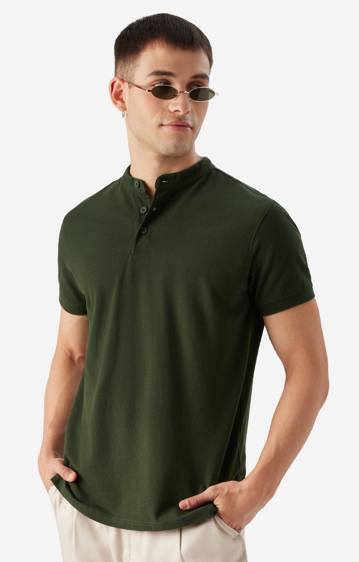 The Souled Store | Men's Solids: Dark Green Mandarin Polo T-Shirt