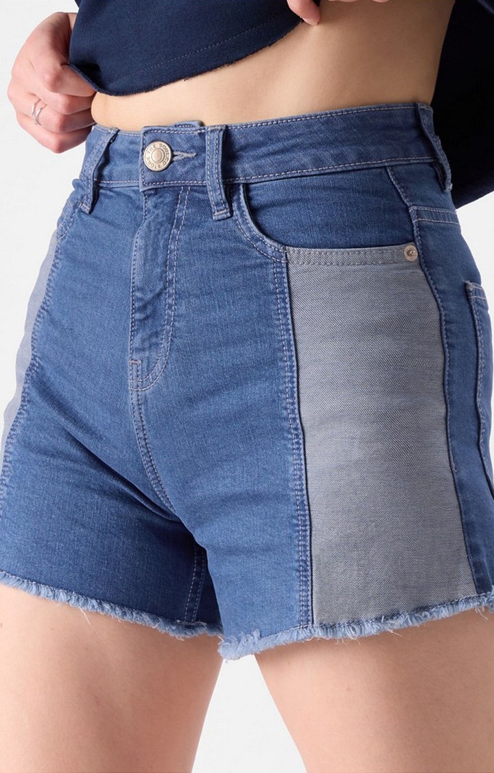 Women's  Blue Denim Solid Shorts