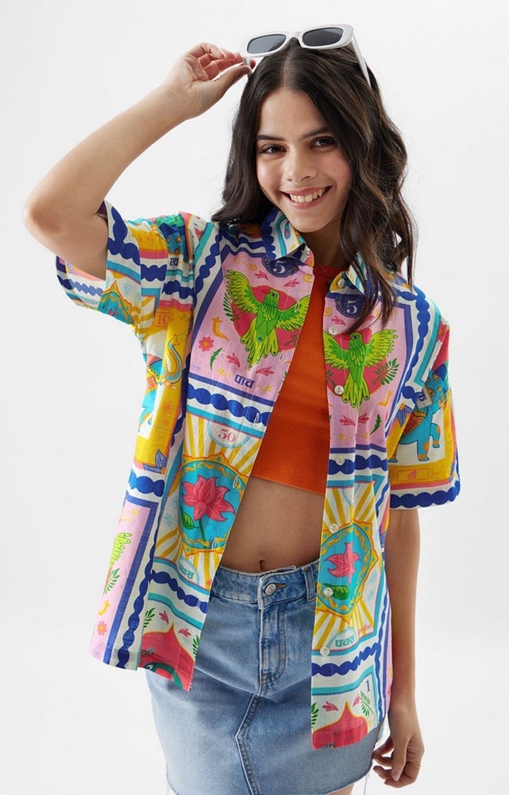 The Souled Store | Women's TSS Originals: Vintage Stamps Multicolour Printed Oversized Shirt