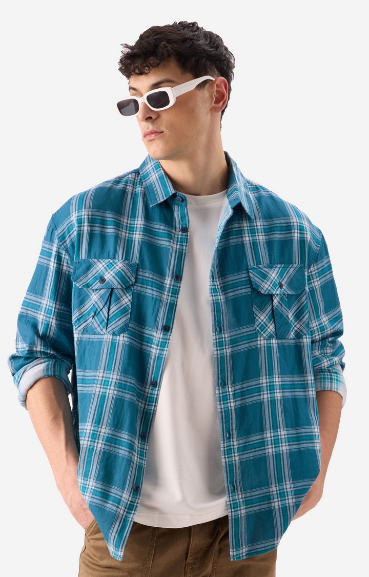 The Souled Store | Men's Checks: Teal Blue and White Shirts