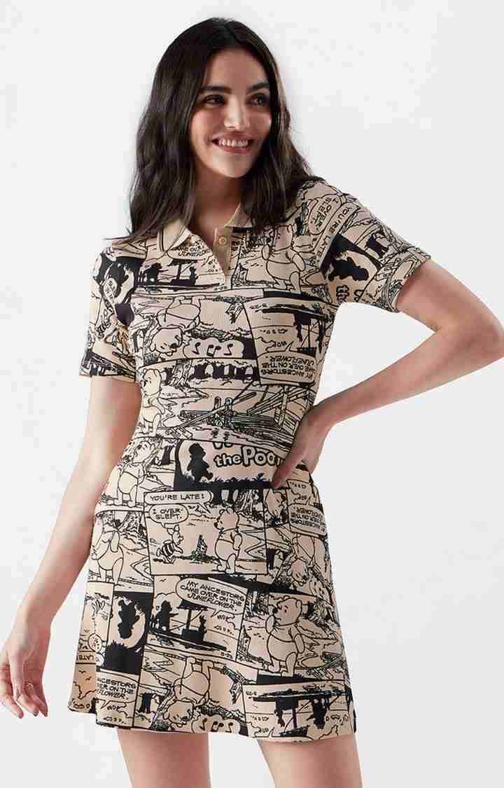 Women's Winnie The Pooh: Comic Strip Beige Printed Shift Dress