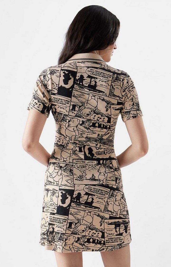 Women's Winnie The Pooh: Comic Strip Beige Printed Shift Dress