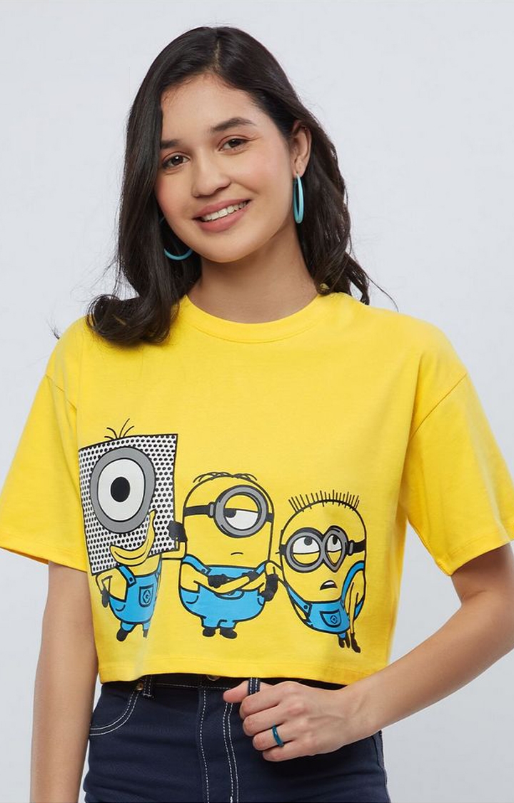 Women's Minions: Stay Weird, Stay Happy Yellow Printed Crop Top
